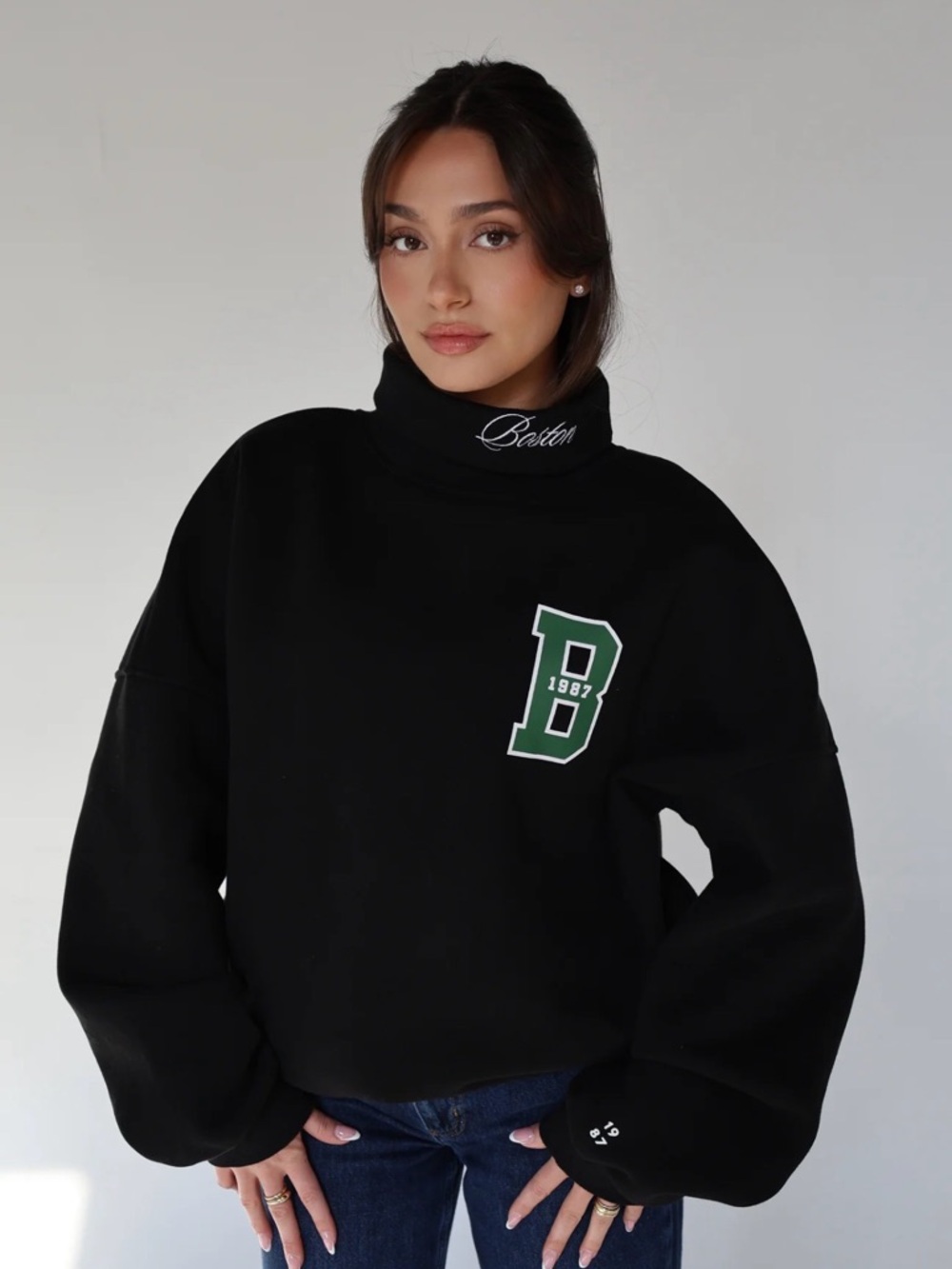 1987 Label Letterman Rollneck in "Blackout" sz Large L Black Green Sweatshirt